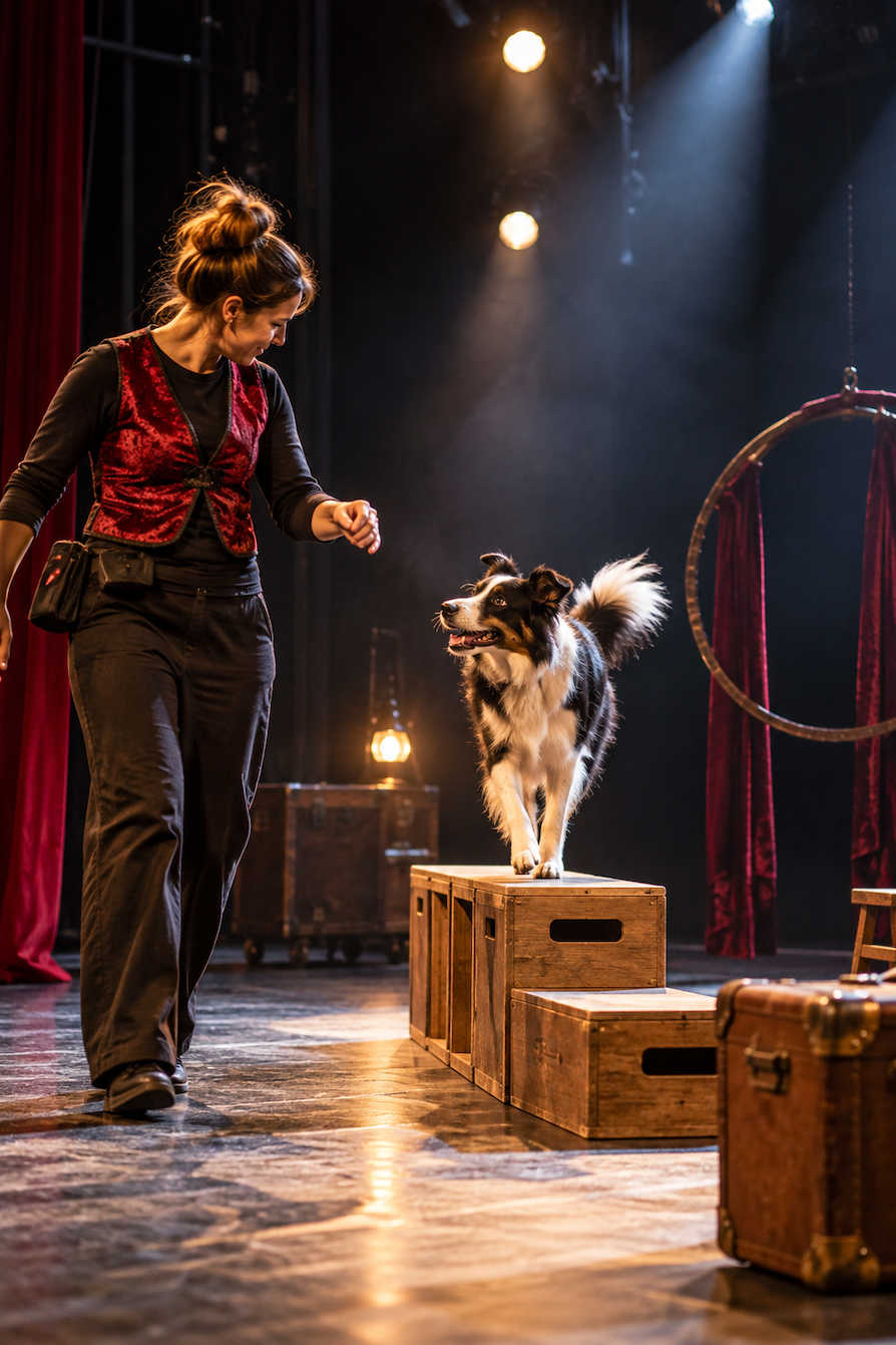 Numéro de dressage canin sur scène